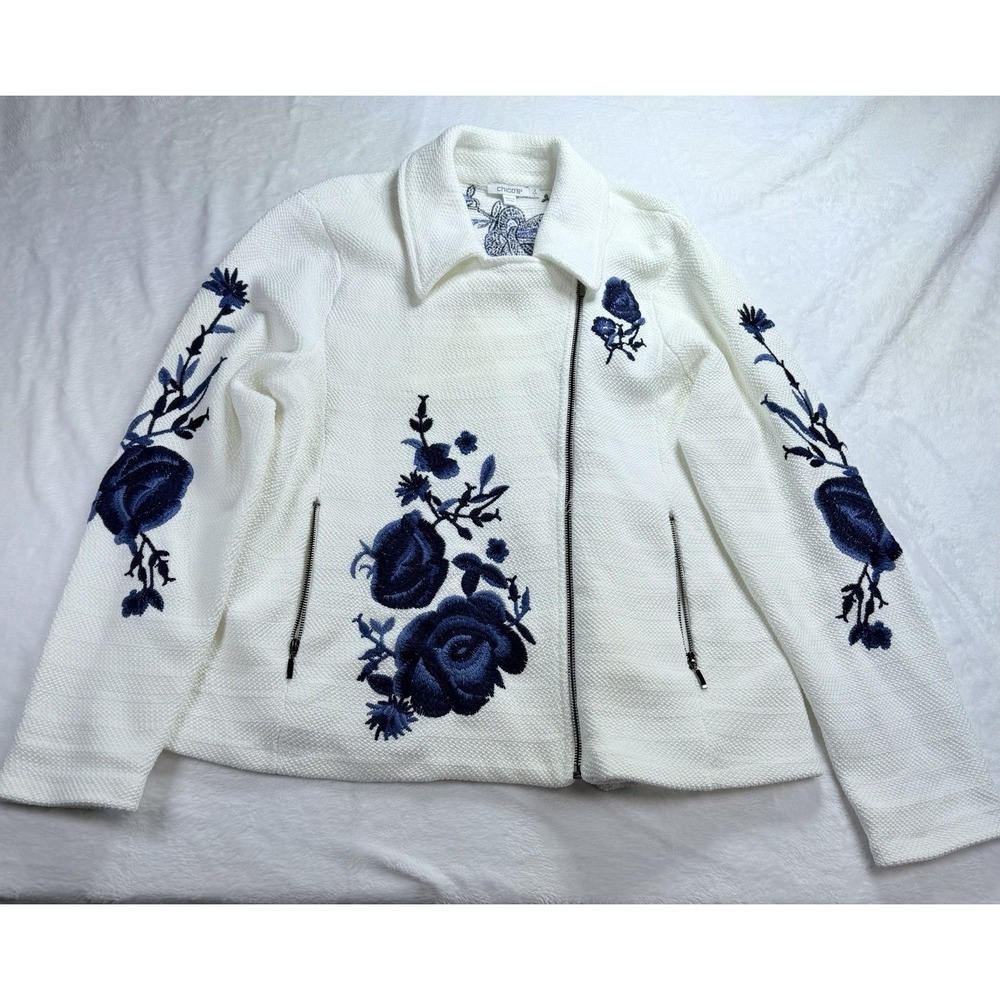 Chicos Women's Knit Zip Moto Jacket Ivory Blue‎ Floral Embroidered Size 2 Lg